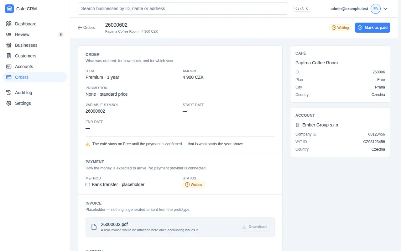 A Premium order in Beanventure, waiting for its payment